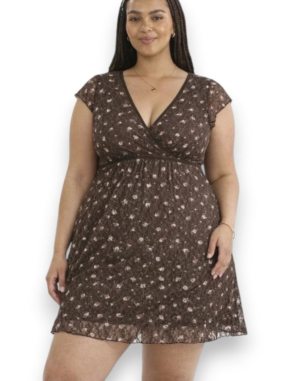 Y2K Brown Pink Floral Babydoll Lace Dress XL Flutter Sleeve Grunge Fairy EUC